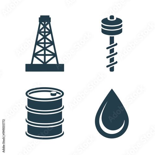 Modern oil drilling icon set featuring rig barrel pipeline energy industry symbols vector