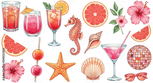 Vibrant Summer Tropical Beach Party Drinks Food and Beach Elements Collection