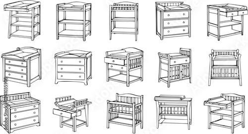 Nursery Furniture Line Art: Collection of Baby Changing Tables and Dressers Outline Vector Icons for Infant Care and Interior Design.