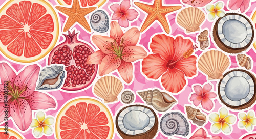 Lush Tropical Summer Vector Pattern Featuring Exotic Fruits, Vibrant Flowers, and Ocean Shells on a Bright Pink Background for Textile Design and Vacations