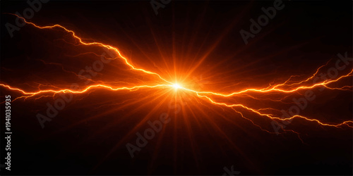 A bright explosion of orange energy and red heat ignites the dark night sky with a powerful glow of lightning rays