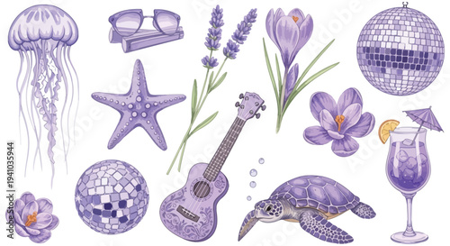 Vibrant Summer Collection Tropical Beach Vacation Elements and Floral Accents in Purple Hues