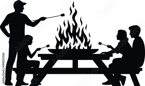 Family and friends roasting marshmallows around campfire at picnic table, outdoor camping activity silhouette, people enjoying bonfire night gathering, vector illustration isolated