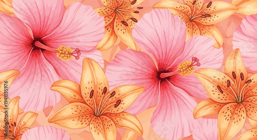 Seamless vibrant summer floral vector pattern featuring blooming pink hibiscus and bright orange lily flowers, perfect for tropical designs and artistic backgrounds