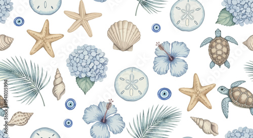 Seamless summer nautical pattern featuring seashells, starfish, tropical flowers, and sea turtles in blue and beige tones