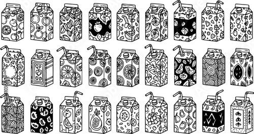 Black and White Line Art Juice Box Pattern with Fruits and Various Designs