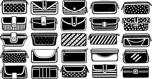 Fashion Accessories Black and White Vector Icons Set of Clutches, Purses, Wallets, and Cosmetic Bags - Elegant Glyph Style Collection for Style and Retail Designs