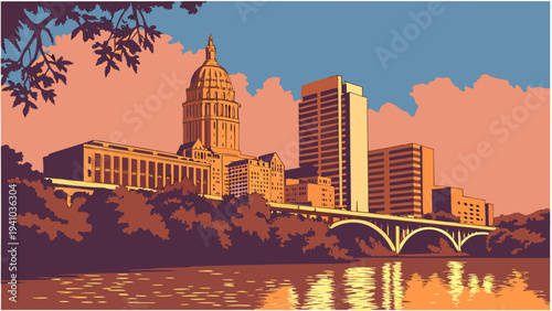 Downtown Cityscape View with Historic Government Building Dome and Modern High Rises Over Waterway at Sunset Austin Skyline