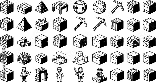 Isometric Pixel Art Blocks, Characters, and Tools - Gaming, Construction, Crafting Icon Set