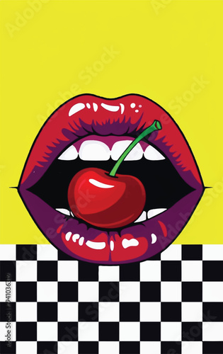 Vivid pop art illustration featuring shiny red lips holding a single ripe cherry fruit