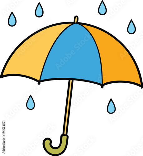 Yellow and blue umbrella in rain with falling raindrops vector illustration EPS PNG file