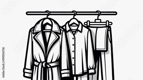 Clothing and accessories hanging on a rail in a fashion illustration from a front viewpoint