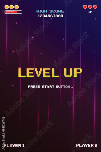 Level up. pixel art 8 bit. Retro Futurism Sci-Fi Background. glowing neon grid. and stars from vintage arcade computer games. Vertical Backgrounds