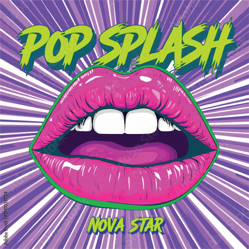 Vibrant pop art graphic featuring exaggerated pink lips against a stylized purple background