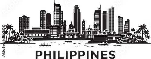 Vibrant Manila cityscape with palm trees and boats