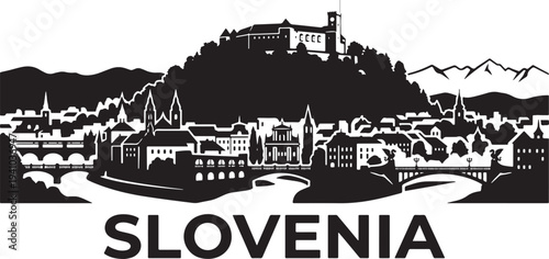 Slovenia cityscape with castle and mountains illustration