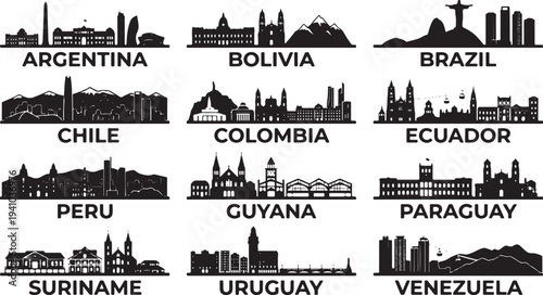 South American city skylines and landmarks in black silhouette