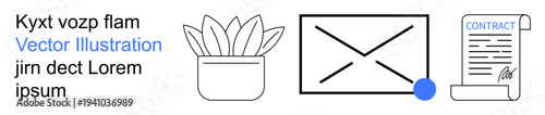 Office organization, business communication, contracting, paperwork, digital correspondence, and work environment. Envelope, contract document and plant illustration. Business communication
