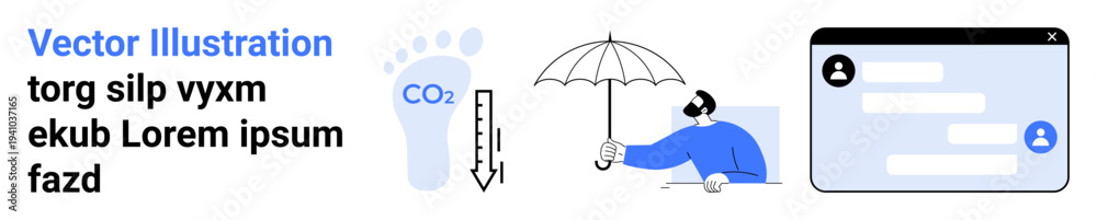 Obraz premium Climate change, communication, social interaction, carbon tracking, environmental awareness, digital interfaces. Carbon footprint, thermometer person with umbrella chat interface. Climate change