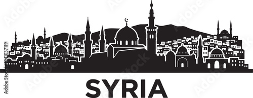 Syrian cityscape with mosques and minarets silhouette