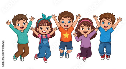 Five happy children with brown hair cheerfully jumping together with raised arms and big smiles