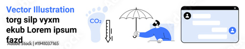 Climate change, communication, social interaction, carbon tracking, environmental awareness, digital interfaces. Carbon footprint, thermometer person with umbrella chat interface. Climate change