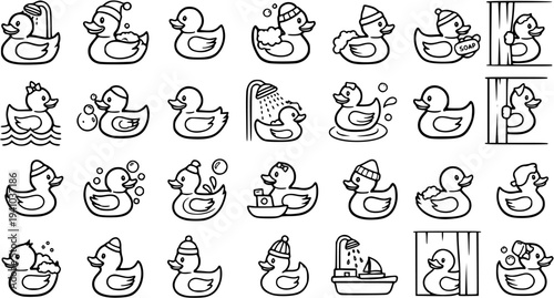 Cute Black and White Line Art Collection of Rubber Ducks for Bath Time Fun