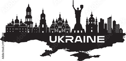 Ukraine city skyline with iconic landmarks and statue