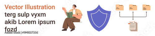 Data management, knowledge sharing, cybersecurity, education tools, documentation, organizational systems. A man reading, shield and organized folders with papers. Cybersecurity and data