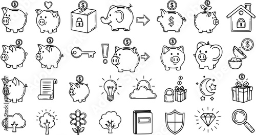 Black and White Line Art Icons of Piggy Banks, Money, Gifts, and Financial Symbols