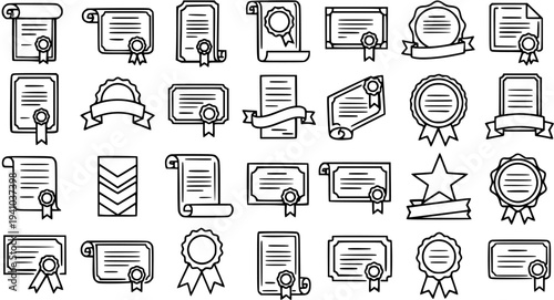 Education, Achievement  Official Document Icons: Black  White Line Art Certificates, Diplomas, Awards, and Badges Set