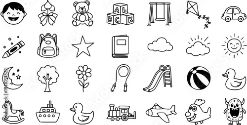 Hand-Drawn Black and White Line Art Doodle Icons Set for Childhood, Kids, Play, and Education - Toys, Nature, and Learning Elements Collection