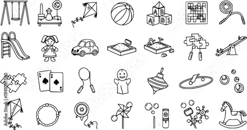 Kids and Children's Toys and Playground Equipment Black  White Line Art Icon Set. Hand Drawn Doodle Outline Objects for Playtime, Recreation  Education.