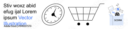 Time management, e-commerce, online education, digital learning, virtual shopping, productivity. Clock, shopping cart SCORM media box. Time management and e-commerce concept