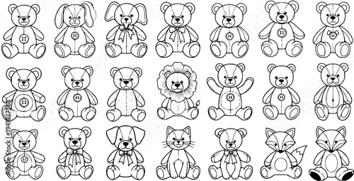 Children's Cute Stuffed Animals Black and White Line Art Collection. Outline Illustrations of Plush Toys for Kids Coloring Books and Playtime Designs.