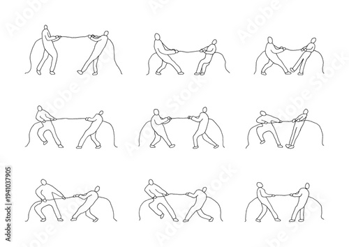 全身を使って全力で綱引きをする人々の手描きの線画イラストセット