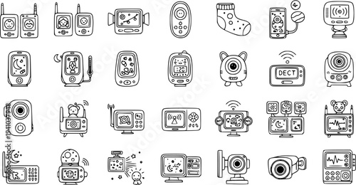 Black and White Line Art Icons of Baby Monitors and Security Devices
