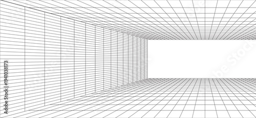 Perspective grid background 3d Vector illustration. Interior design Model projection background template. Line one point perspective