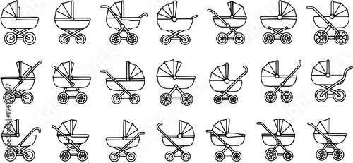 Black and White Line Art Collection of Various Baby Stroller Styles