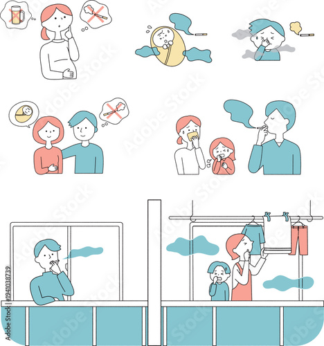 受動喫煙と健康被害、妊婦や子供への影響を表す人物イラストセット単色