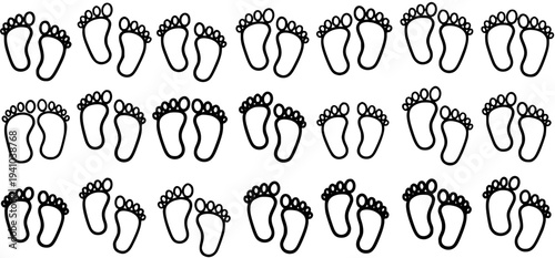 Cute Baby Footprints Black and White Line Art Vector Illustration. Child's Feet Outline for Nursery Decor, Maternity, Family, or Growth Concepts.