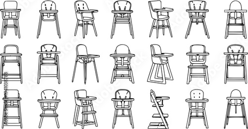 Black and White Line Art Collection of Various Baby High Chairs for Toddlers and Infants, Vector Icons