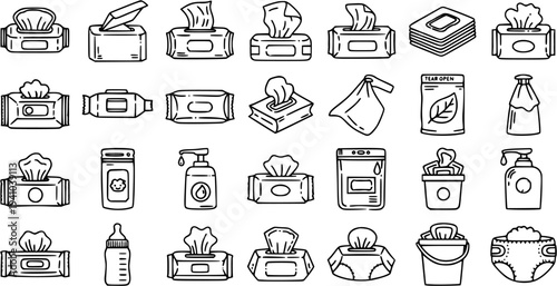 Baby Care and Hygiene Products Line Art Icons Set. Black and White Outline Doodles of Wet Wipes, Diapers, Baby Bottles, Tissue Boxes, and Sanitizer.