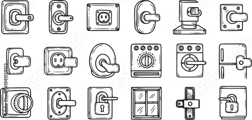 Black and White Line Art Icons of Door Knobs, Locks, Outlets, Window, and Appliances