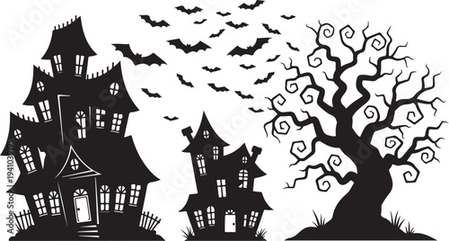 Haunted houses and spooky tree with bats flying in the night