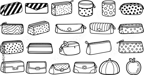 Black and White Line Art Collection of Various Pouches and Bags, Accessories for Women and Girls