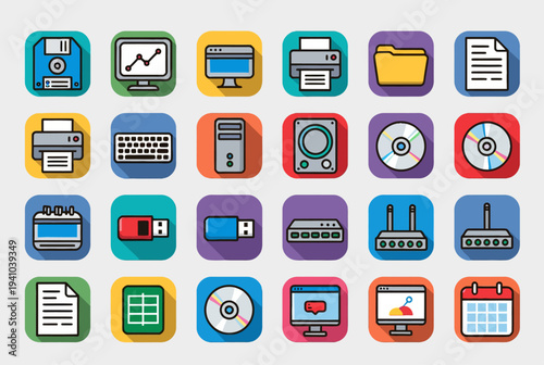 Collection of digital device icons representing various technology and computer-related concepts displayed on a grid layout