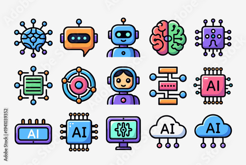 Artificial Intelligence icons collection featuring robots, brain, and cloud computing, representing technology and innovation in a digital environment from a graphic design viewpoint
