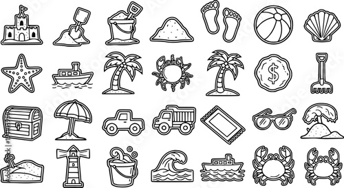Black and White Line Art Icons of Beach and Summer Vacation Objects