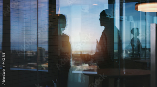 Tableau sur toile Silhouette, investor or business people in office, handshake or agreement for investment deal